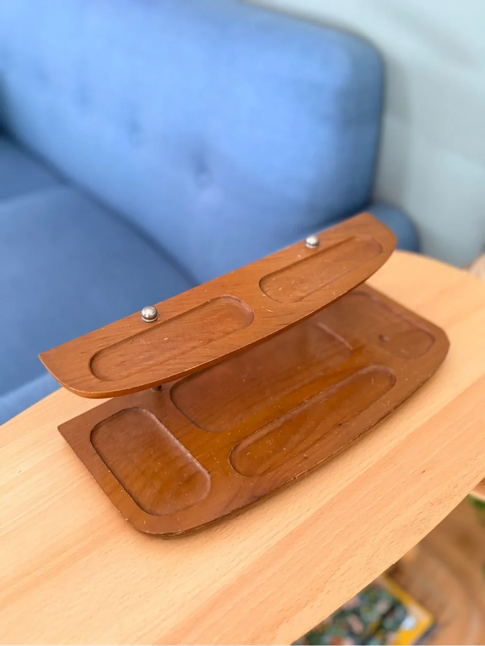 Vintage 1960s MCM Wood Valet Tray | Tiered Dresser Organizer | Dark Wood Catchal